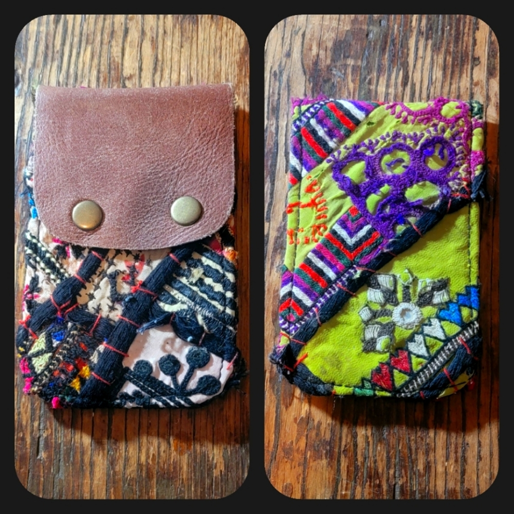 🧠🍳 Free People Boho Embroidered Repurposed vtg banjara hippie Wallet card case